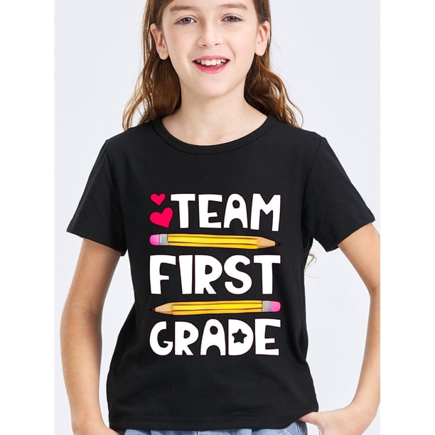 Girls Summer Casual Fashion Cartoon Heart Pencil & Team First Grade Printed T-Shirt Top, Short Sleeves, Round Neck, Comfort Fit - Youthful