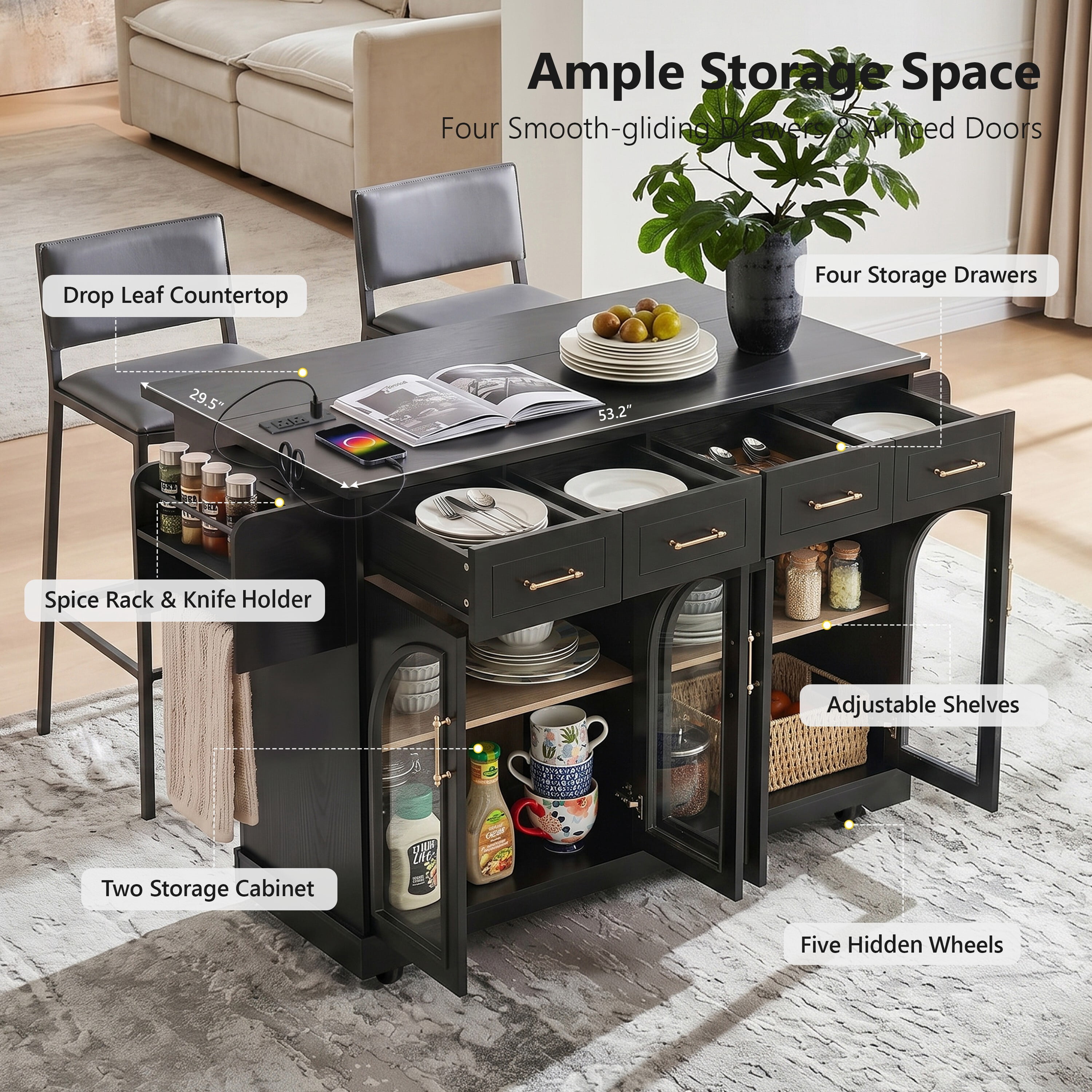 Euroco 65" Kitchen Island with Storage & Drop Leaf, Rolling Kitchen Cart on Wheels with Arched Glass Doors,4 Drawers, Spice Rack & Towel Rack,Portable Island Table for Dining Room,Black