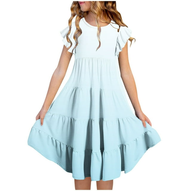 Leodye Robe Fille Coton Manches à Volants à Étages Évasée Ligne A Mignonne Midi Décontractée Robe d'Été Bleu Clair 10 Ans