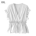 thumbnail image 1 of Camisa de mujer Cuello en V Manga corta Blusa de rayas con volantes Top casual, Blanco, XXL Kearding AP001462-04, 1 of 7
