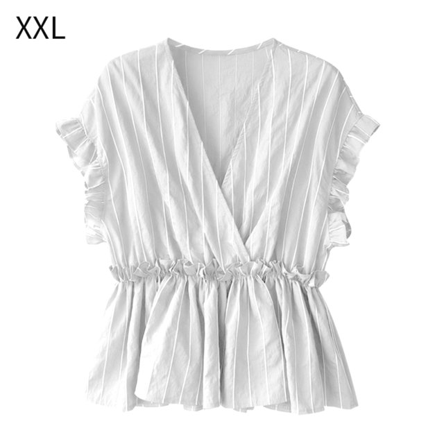 Camisa de mujer Cuello en V Manga corta Blusa de rayas con volantes Top casual, Blanco, XXL Kearding AP001462-04