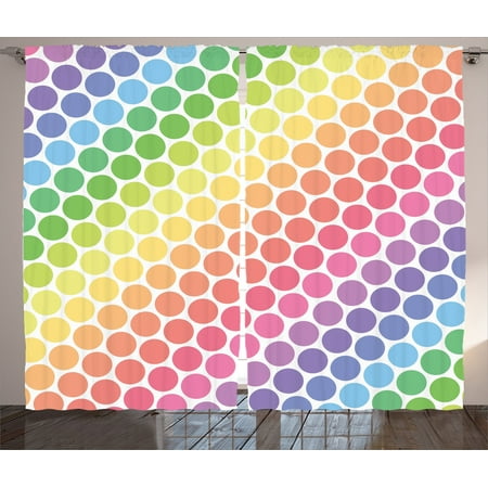 Focal Point Panel - Polka Dots Home Decor Curtains 2 Panels Set, Polka Dots In Soft Rainbow Colors Big Points Eternal Shapes Retro Artful Pattern, Living Room Bedroom Accessories, By Ambesonne