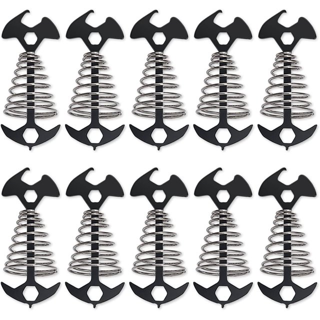 10PCS Deck Anchor Pegs, Windproof Aluminium Alloy Fishbone Tent Stakes with Spring Buckle, Portable Wind Rope Anchor, Camping Tent Nail, Black