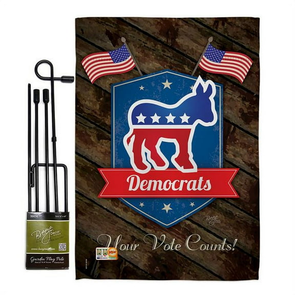 Breeze Decor BD-PA-GS-111070-IP-BO-D-US16-BD 13 x 18.5 in. Democrats Americana Patriotic Vertical Double Sided Mini Garden Flag Set with Banner Pole