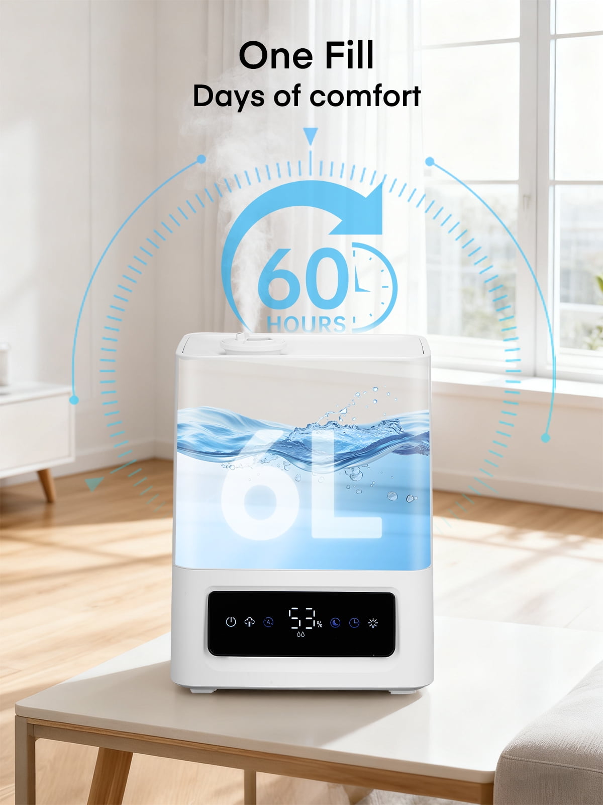 FOHERE 6L Humidifier Large Room, Cool Mist Humidifiers for Bedroom Home, 60H Ultra-Quiet Runtime for Baby, Plants, Smart Humidity Sensor, Fast Symptom Relief, 16H Timer, Oil Diffuser, White