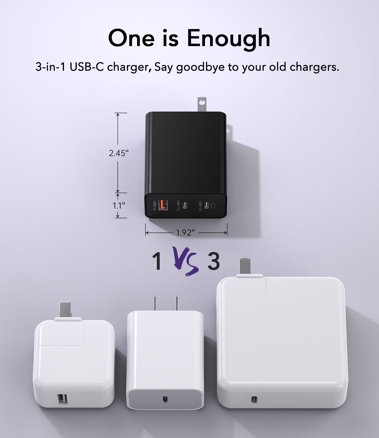 TAOHAI 65W 3-Port USB C Fast Charger Block with 6.6ft Cable - PD GaN Tech for iPhone 16, MacBook, Samsung Galaxy, iPad