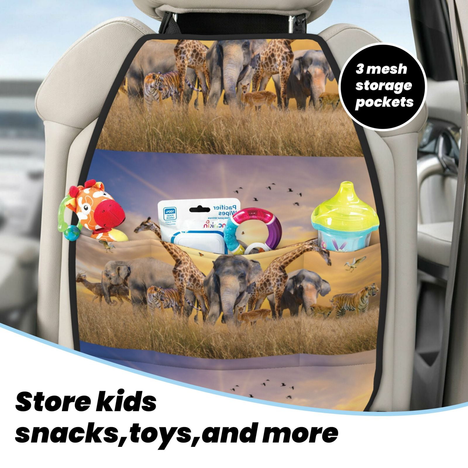Xecao Vintage Wildlife Protection Pattern Car Seat Back Protector 2 Pack Large Capacity Pocket, Kick Mats Back Seat Protector