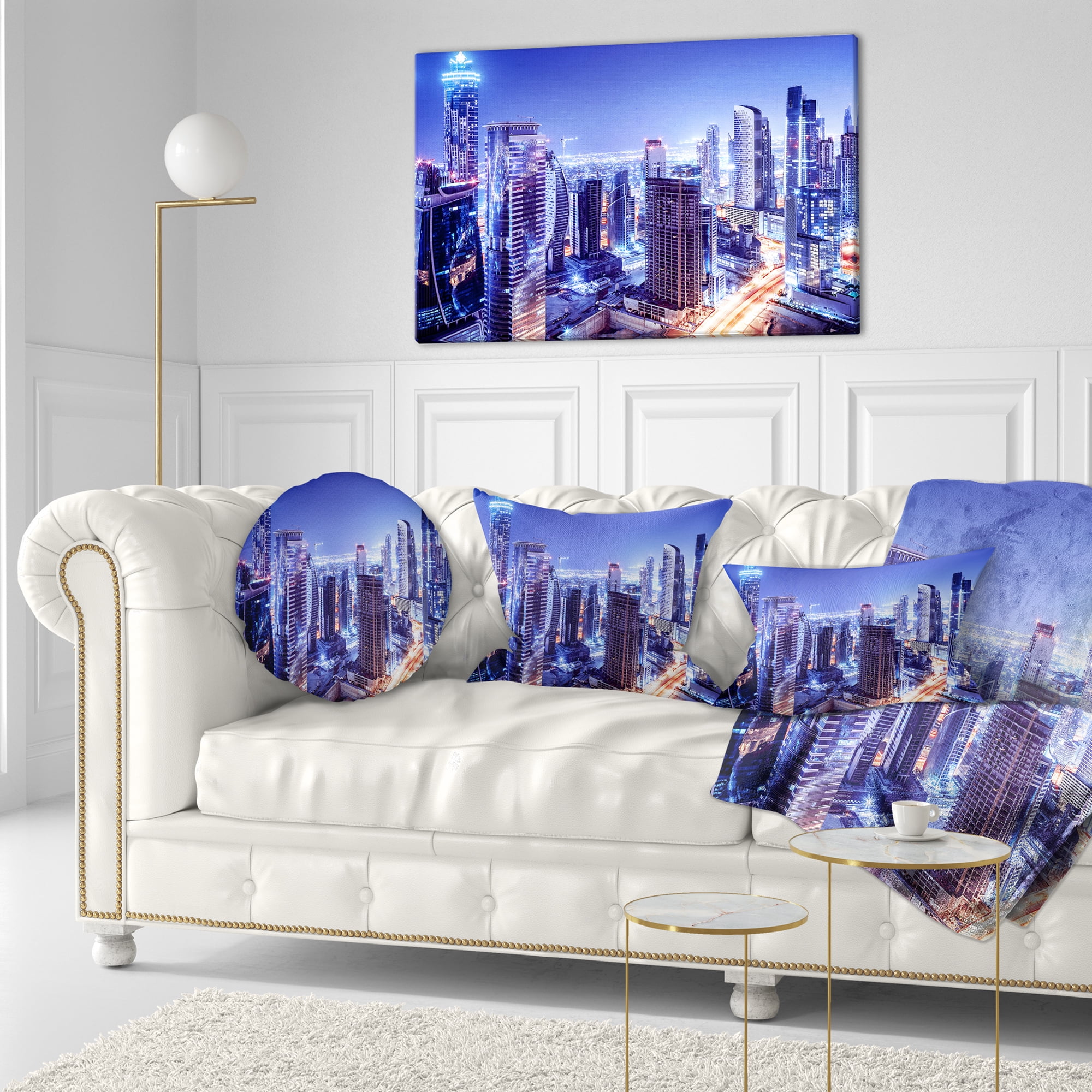 Designart Dubai Downtown Night Scene - Cityscape Photography Throw Pillow - 12x20