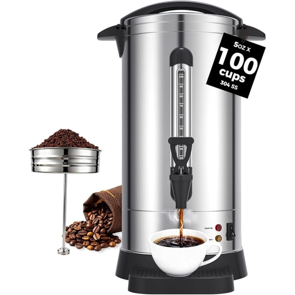 OSTBA 1500W Commercial Coffee Urn 100 Cup / 15L Large Percolator Coffee Pot, 304 Stainless Steel Double-Wall Hot Water Dispenser Electric Coffee Maker Fast Brewing for Catering, Parties & Events