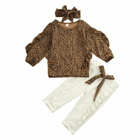 

luethbiezx 3Pcs Toddler Kid Long Sleeve Leopard Ruffle T-Shirt Tops+ Pants+ Headband Outfits Set