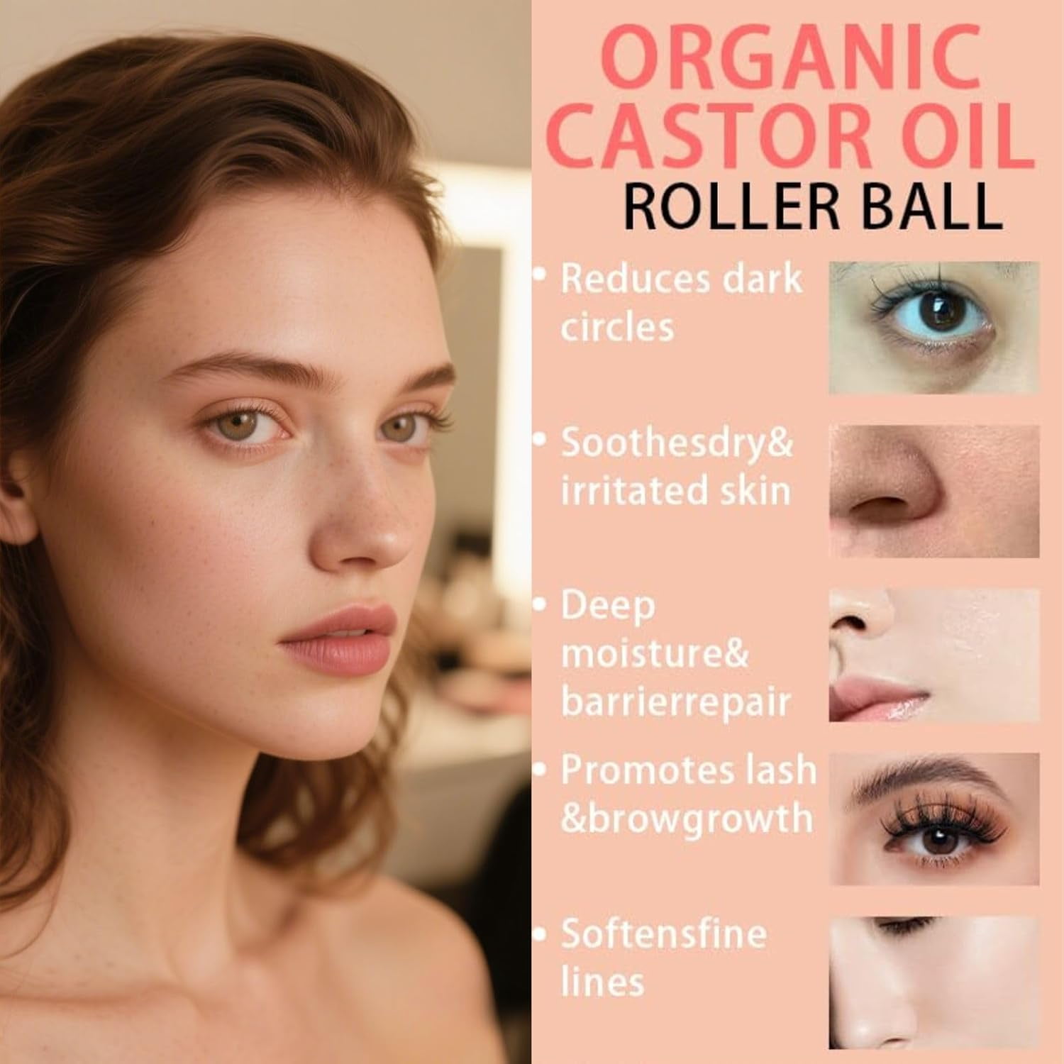 Organic Castor Oil with Rose Roller, 100% Pure Cold-Pressed, Organic Castor Oil Roll On Rose , Hexane-Free,Amber Glass Bottle for Skin