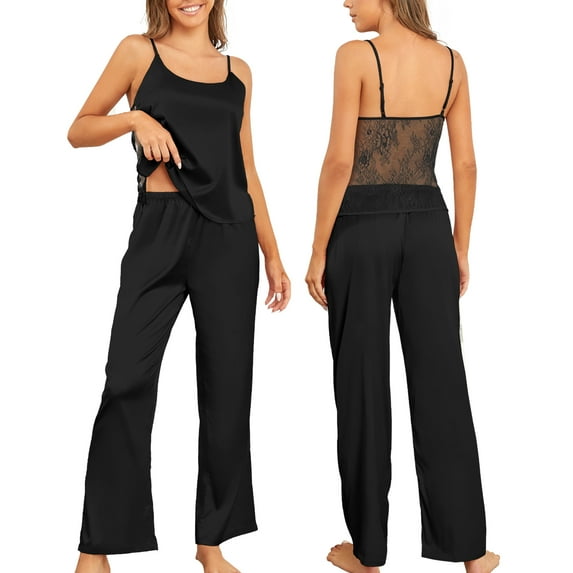 Sexy Silk Satin Pajamas Sets for Women Lace Sleepwear Cami Tops Pants Nightwear Spaghetti Straps Pjs Soft Loungewear