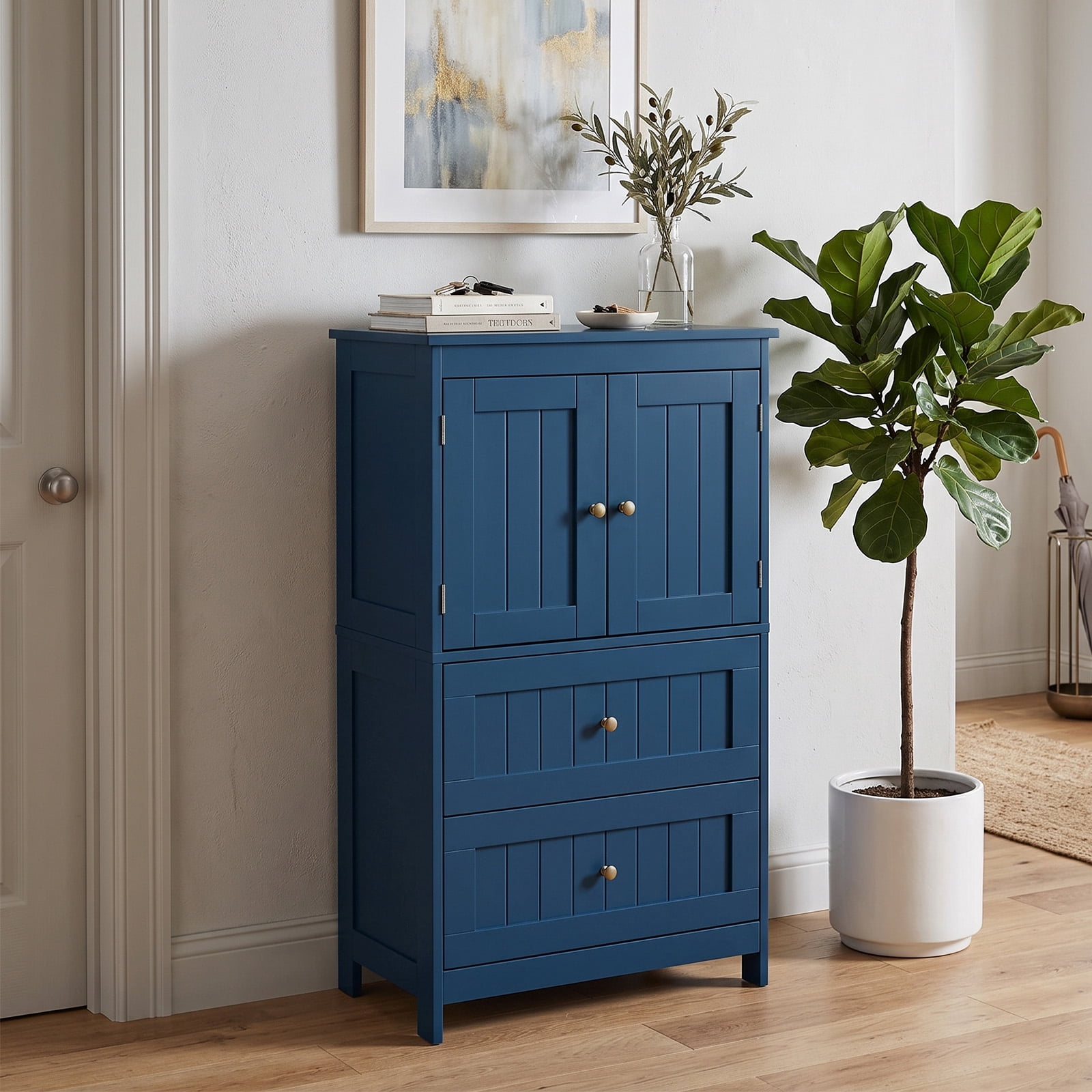 2-Drawer 2-Cabinet-Door Vertical-Grain MDF Painted Bathroom Cabinet 23.62x11.81x43.31in Blue