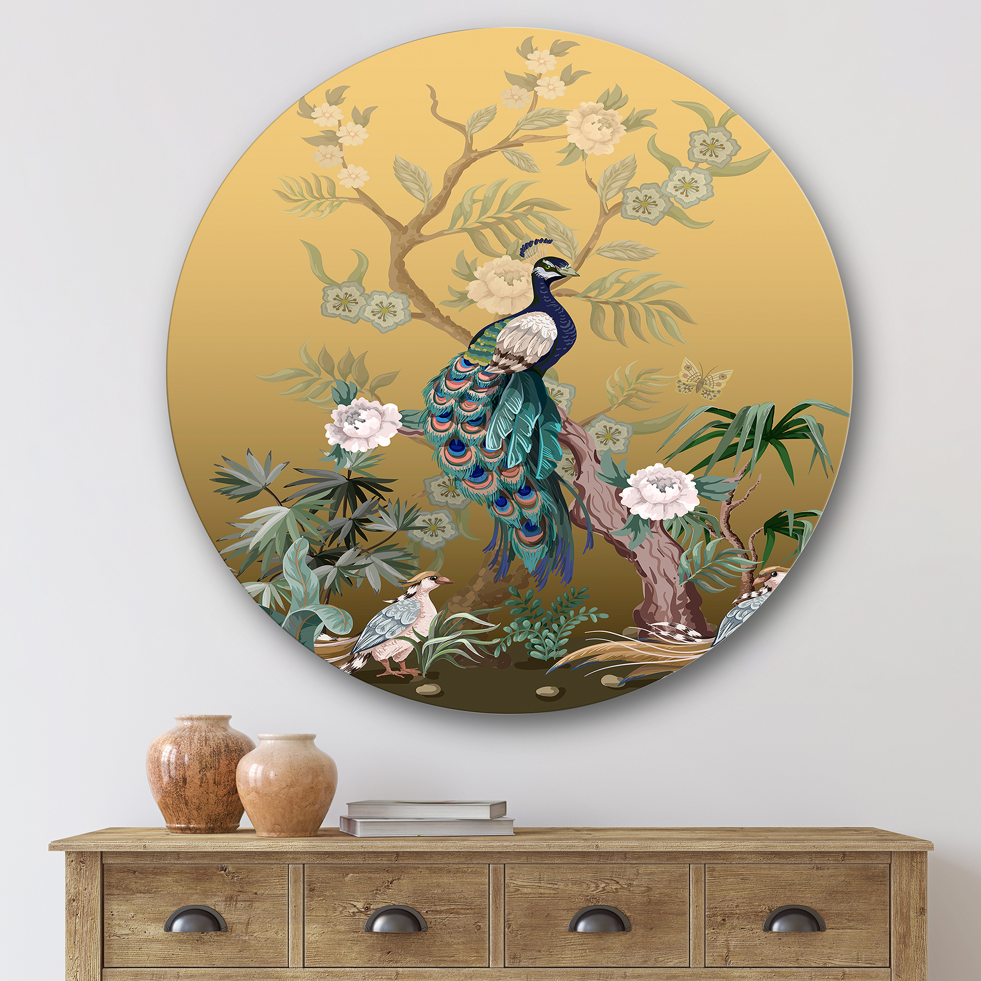 Designart 'Chinoiserie With Peonies and Birds VI' Traditional Circle Metal Wall Art 36x36 - Disc of 36