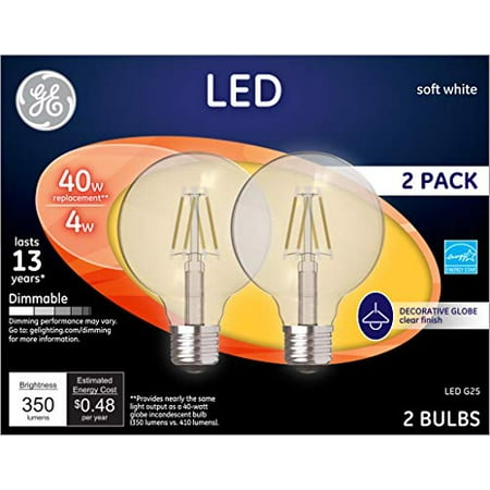 

GE LED Globe Light Bulbs G25 Bulb 4 Watt (40 Watt Equivalent) Soft White Clear Finish Medium Base Dimmable (2 Pack)