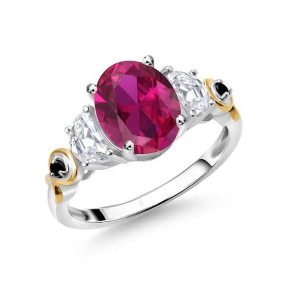 Gem Stone King 925 Silver and 10K Yellow Gold 3-Stone Ring Oval Red Created Ruby and Moissanite (2.51 Cttw, Size 9)
