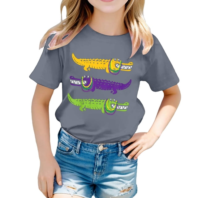 T-shirts Filles Été Décontracté Imprimé Alligators Col Rond Manches Courtes Hauts Filles Gris 10-11 Ans