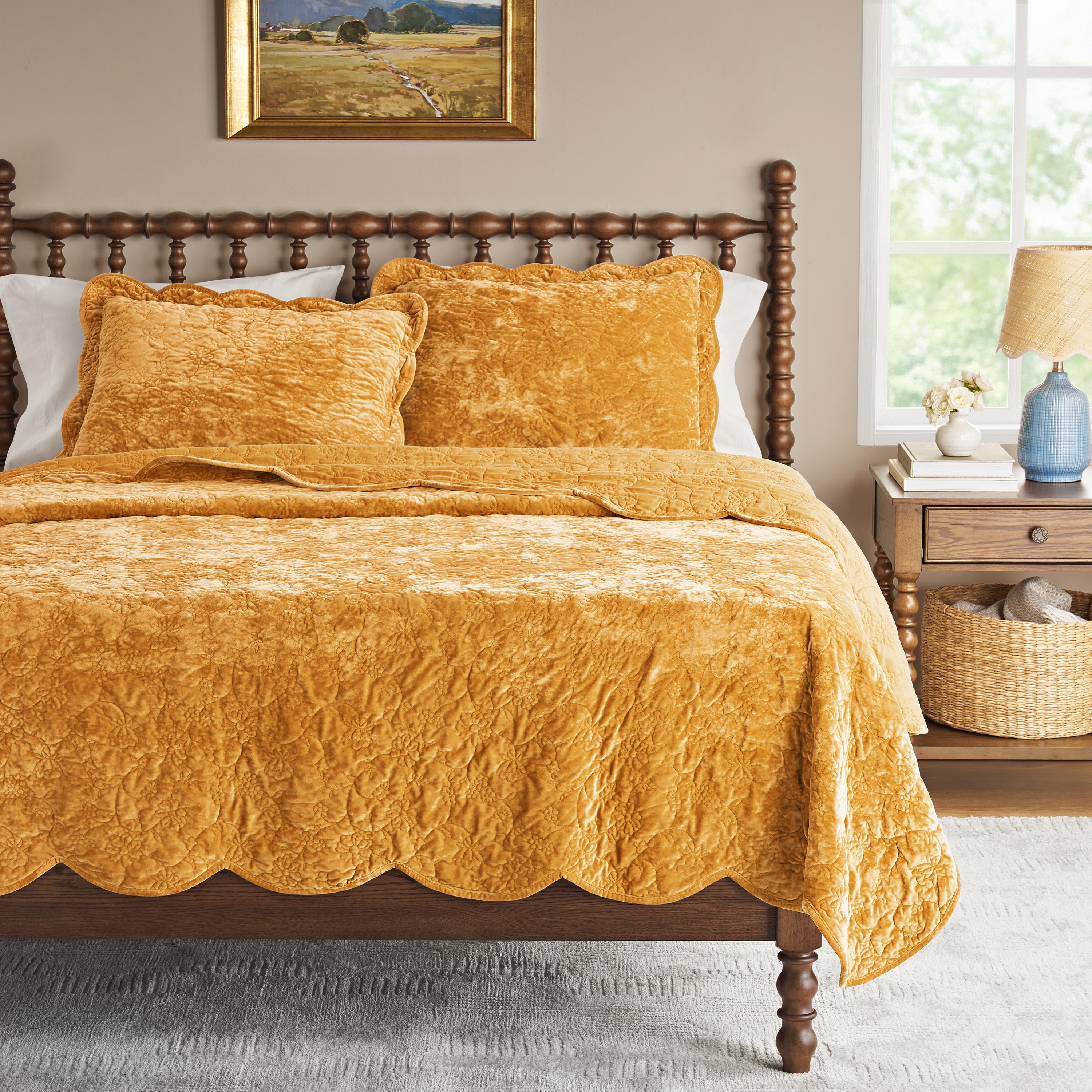 The Pioneer Woman Eloise Floral Velvet Pillow Shams, King, Amber Yellow, 2 Pack