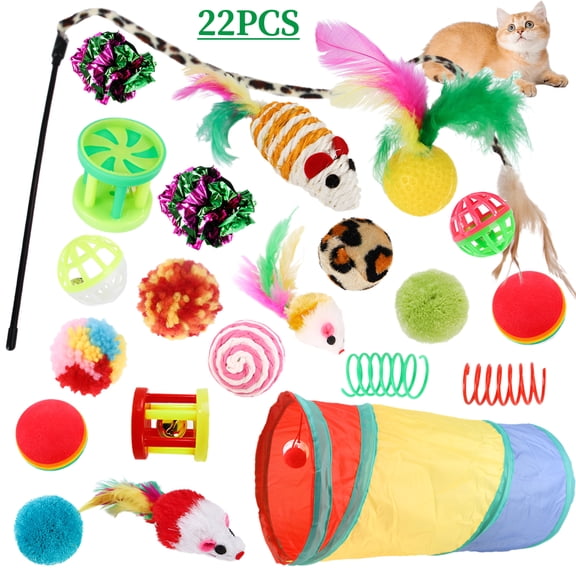 22 Pack Cat Toys Set with Rainbow Collapsible Tunnel, Interactive Assorted Toys for Indoor Cats
