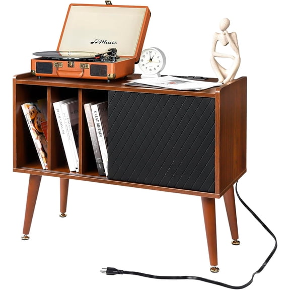 NEILA Elegant Record Player Stand with Vinyl Storage – Holds Up to 300 Albums, Built-In Charging Station, and Sliding Door Cabinet for Living Room & End Table Use