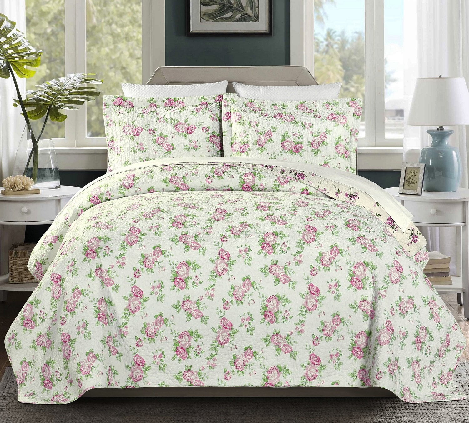 Chezmoi Collection 3pc Reversible Pink Rose Vintage Washed ...