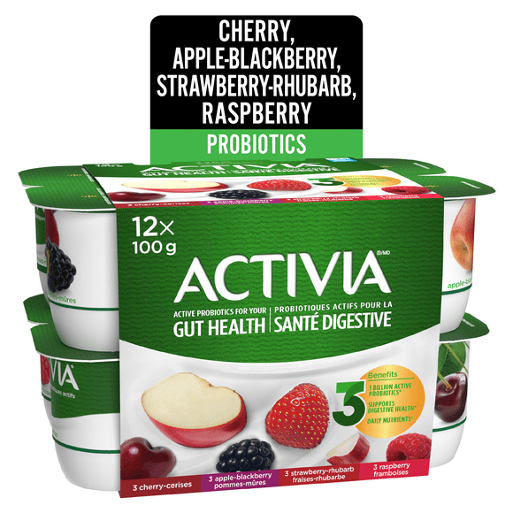 Activia Probiotic Yogurt, Apple-Blackberry/Raspberry/Cherry/Strawberry-Rhubarb, 12 x 100g