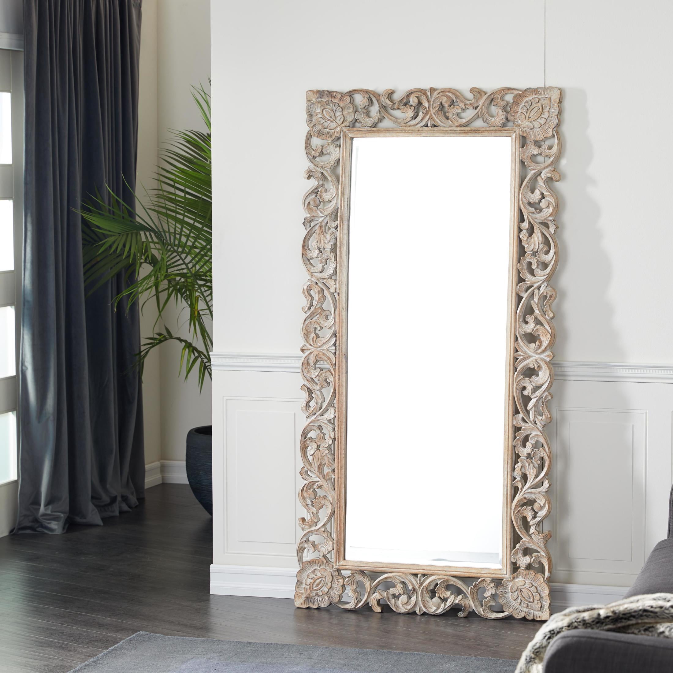 DecMode 36" x 72" Light Brown Washed Carved Scroll Wall Mirror