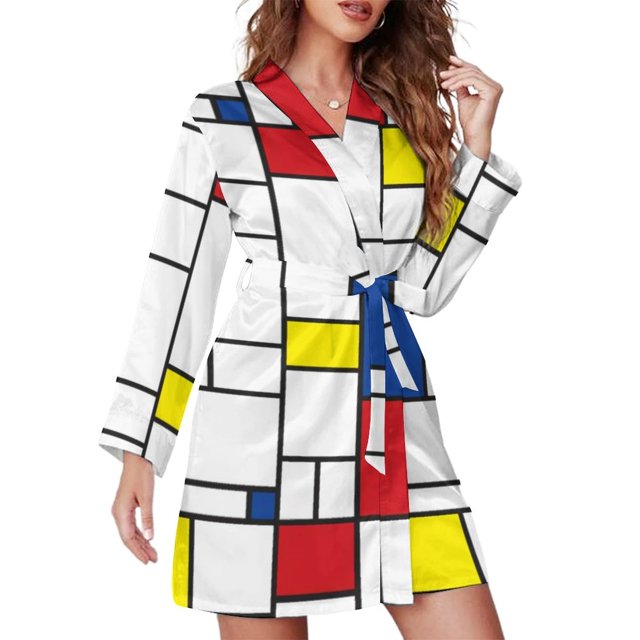 Robe de Pyjama Imprimé Géométrique Multicolore Style Mondrian à Manches Longues Kawaii Robes de Nuit Col en V pour Femme