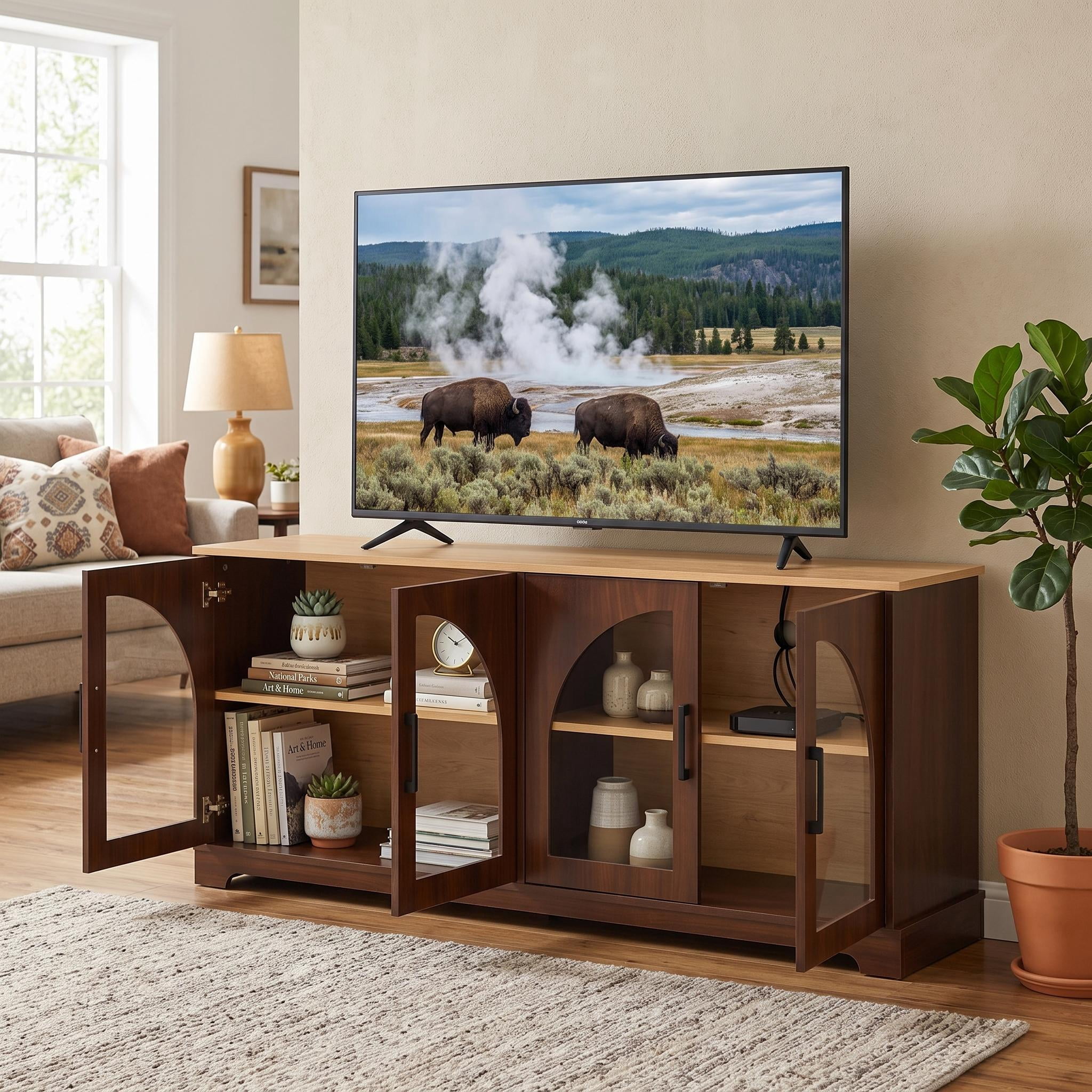 Homy Casa 67" TV Stand for TVs up to 70", Arched Glass Doors and Adjustable Shelves, Walnut