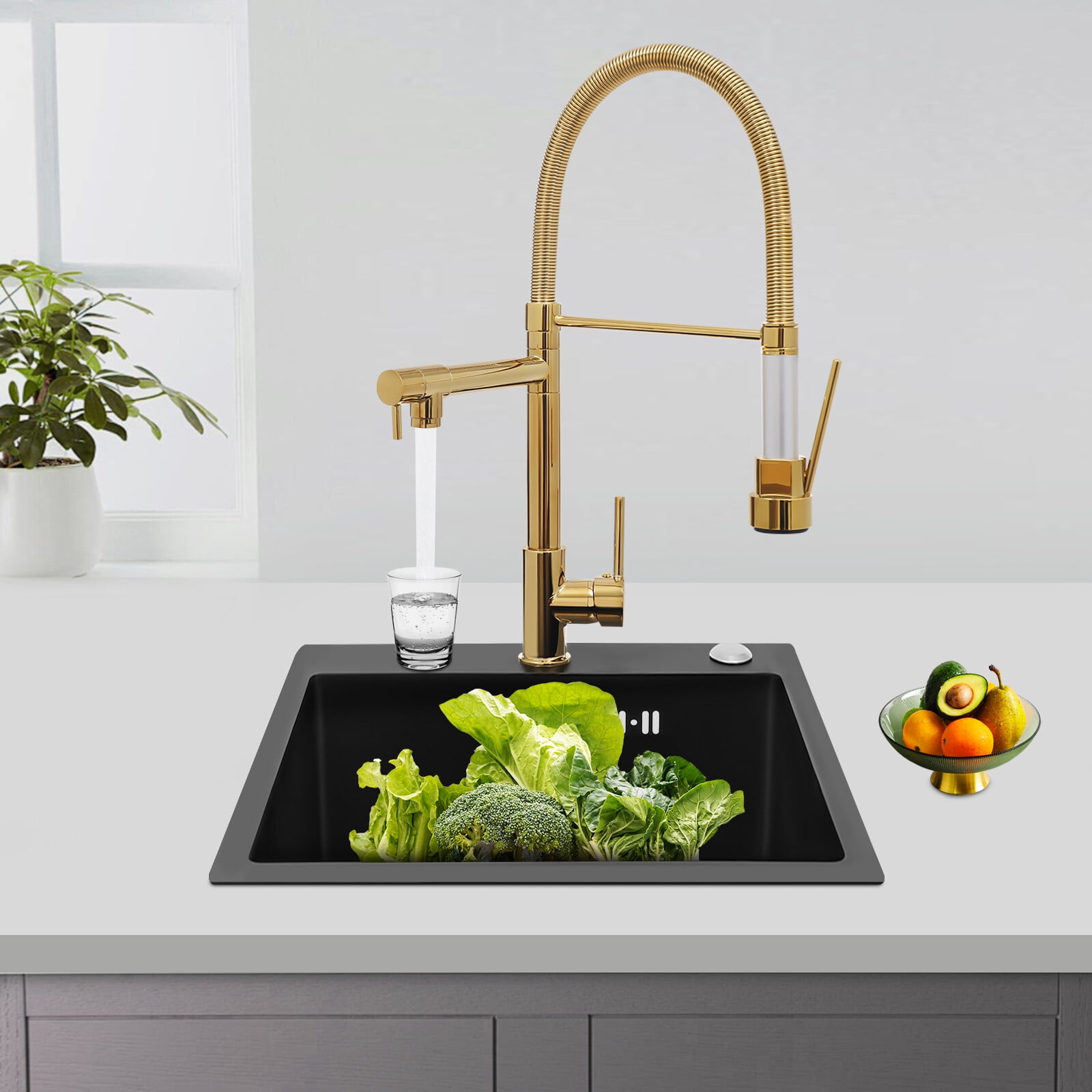 Kitchen Sink Single Handle Stainless Steel Faucet with Pull Down Sprayer(Titanium Gold)