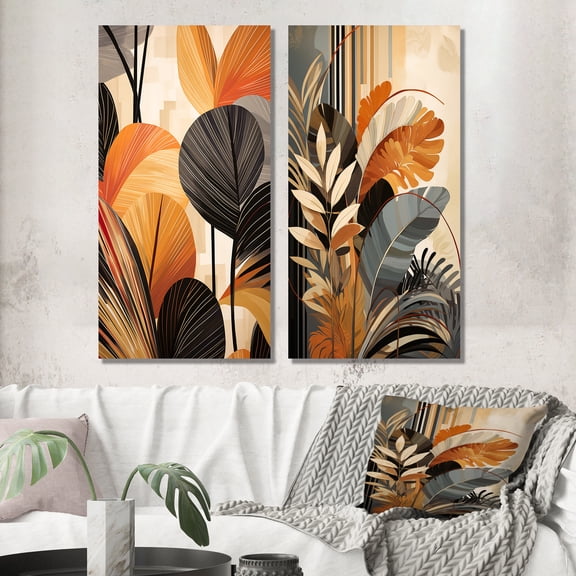 Designart "Terracotta Toned Foliage Funky Vibes I" Abstract Botanicals Wall Art Set Of 2 - Modern Yellow Canvas Set For Living Room Decor