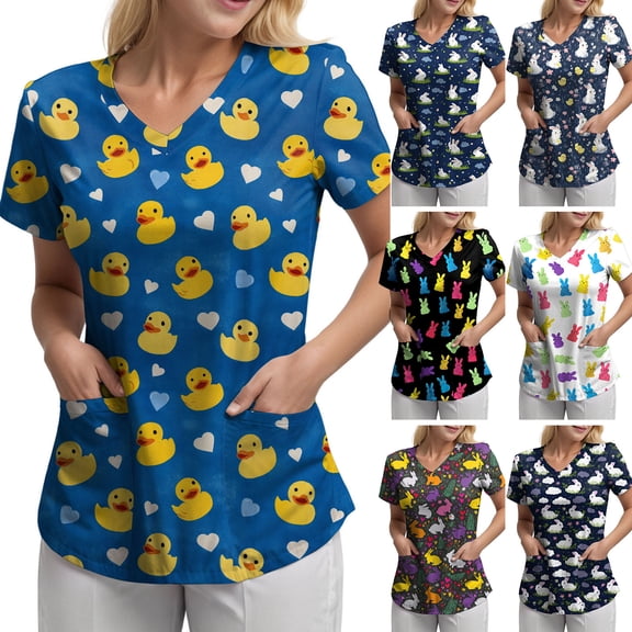 GEWSEY Scrubs for Women Tops Easter Print Shirt V Neck Cartoon Pattern Short Sleeve Nursing Uniform with Pockets (Dark Blue, 3XL)