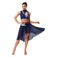 thumbnail image 2 of iiniim Lyrical Dance for Women Sequin Crop Top Mesh Tulle Leotard Skirt Modern Contemporary Dancewear Navy Blue L, 2 of 7