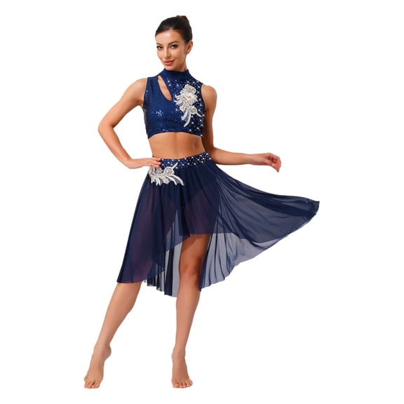Doomiva Lyrical Dance Dress for Women Sequin Crop Top Mesh Tulle Leotard Skirt Navy Blue XL