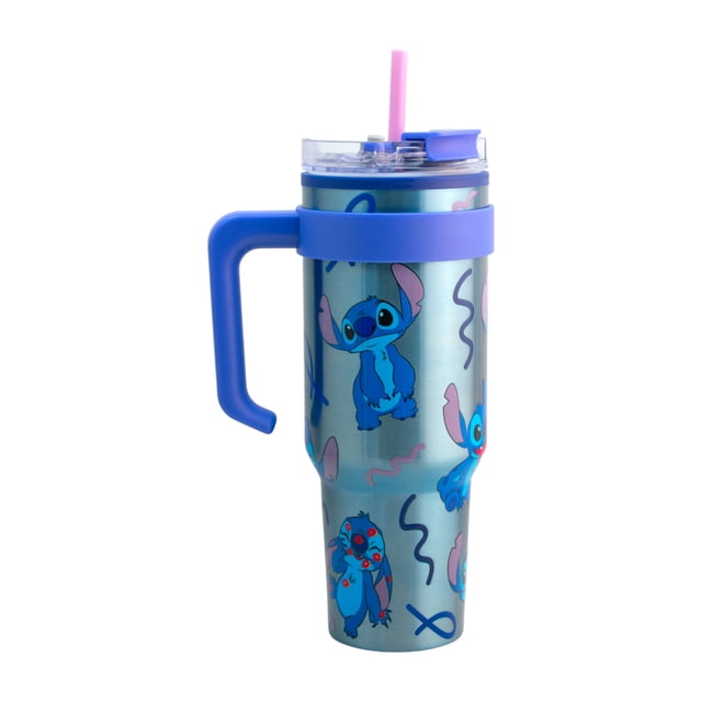 Termo Alto Doble Pared con Asa y Popote, Stitch Azul Metalizado, Doble Pared con Asa y Popote, Capacidad 1.2 L
