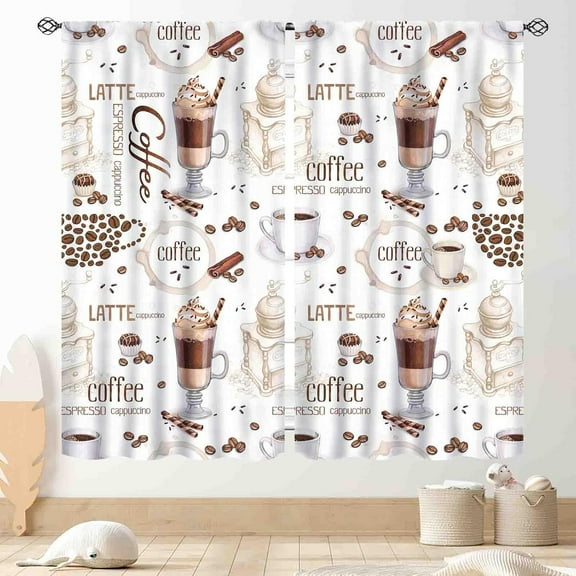 Coffee Curtains for Kitchen, Farmhouse Coffee Time Vintage Retro Watercolor Latte Tea Cup Country Cottage Rustic Small Kitchen Curtains for Bedroom Cafe Living Room Bathroom 2 Panels, 42"x54" Inch