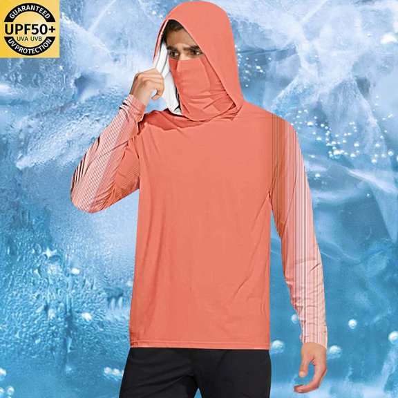 Maqroz Mens UPF 50 Long Sleeve Shirt Hoodie Face Mask Print Sun Protection Rash Guards Cooling Hoodies Lightweight Long Sleeve Fishing Blouses with Thumb Holes Ropa De Invierno Para Hombre Orange L