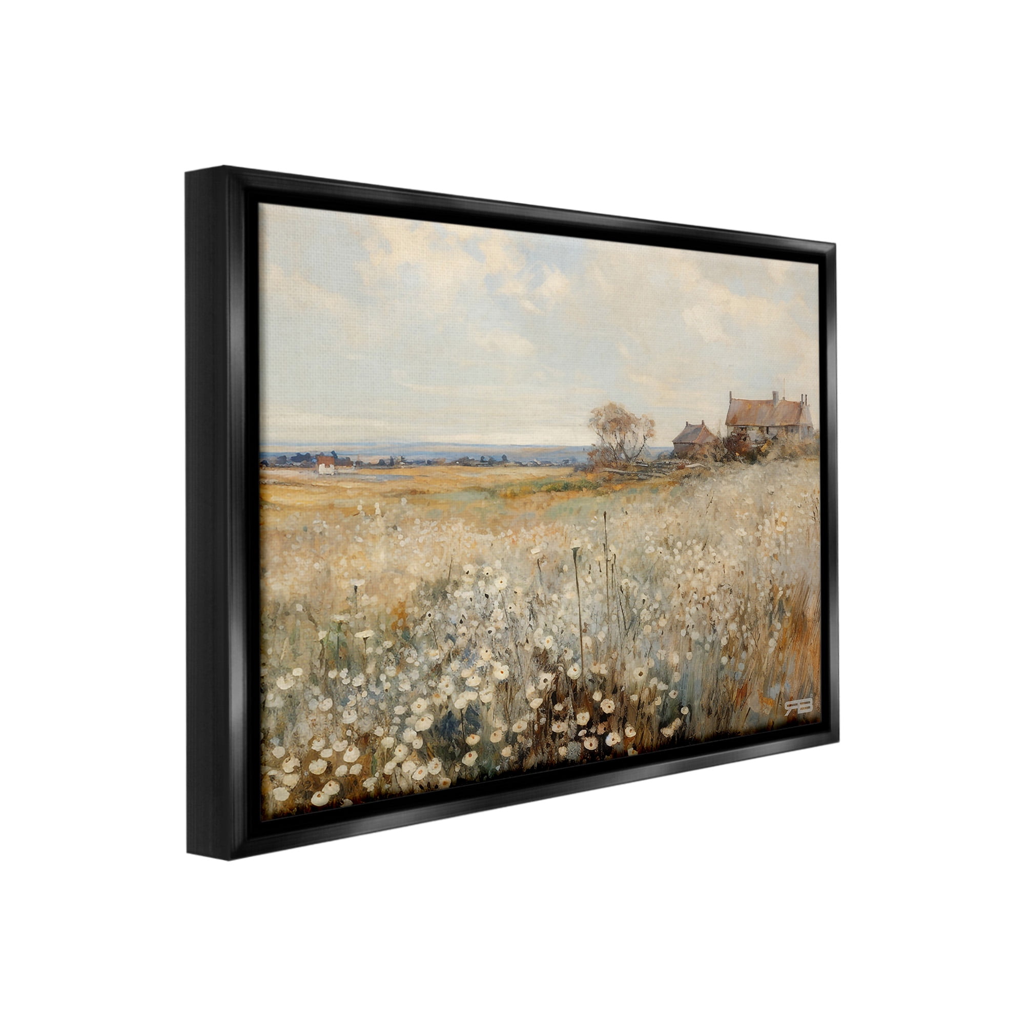 Stupell Industries Neutral Farmland Meadow Landscape Painting Black Floater Framed Canvas Art Print Wall Art, 31 x 25