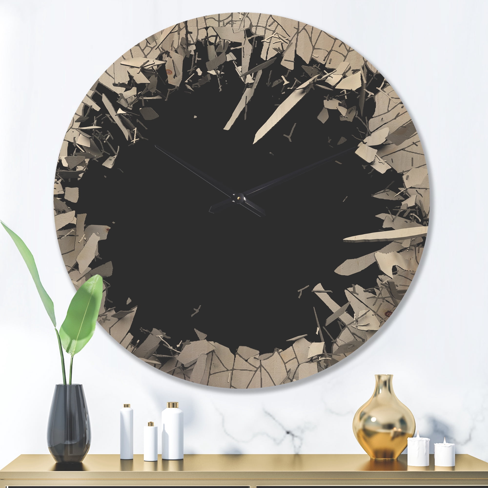 Designart 'Abstract Broken Wall 3D Design On Black' Modern Wood Wall Clock