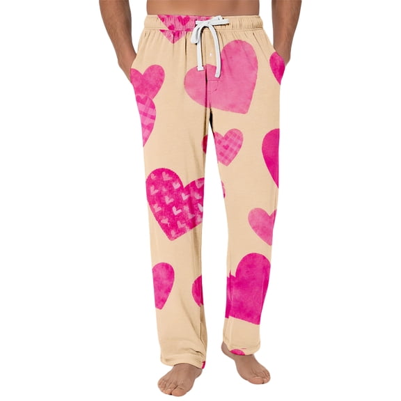 Fgvctg Men's Valentine's Day Pajamas Lover Love Heart Print Wide Leg Pajamas Sleepwear High Waisted Pj Pant Oversized Fall Spring Drawstring Lounge Pants with Pockets Beige L