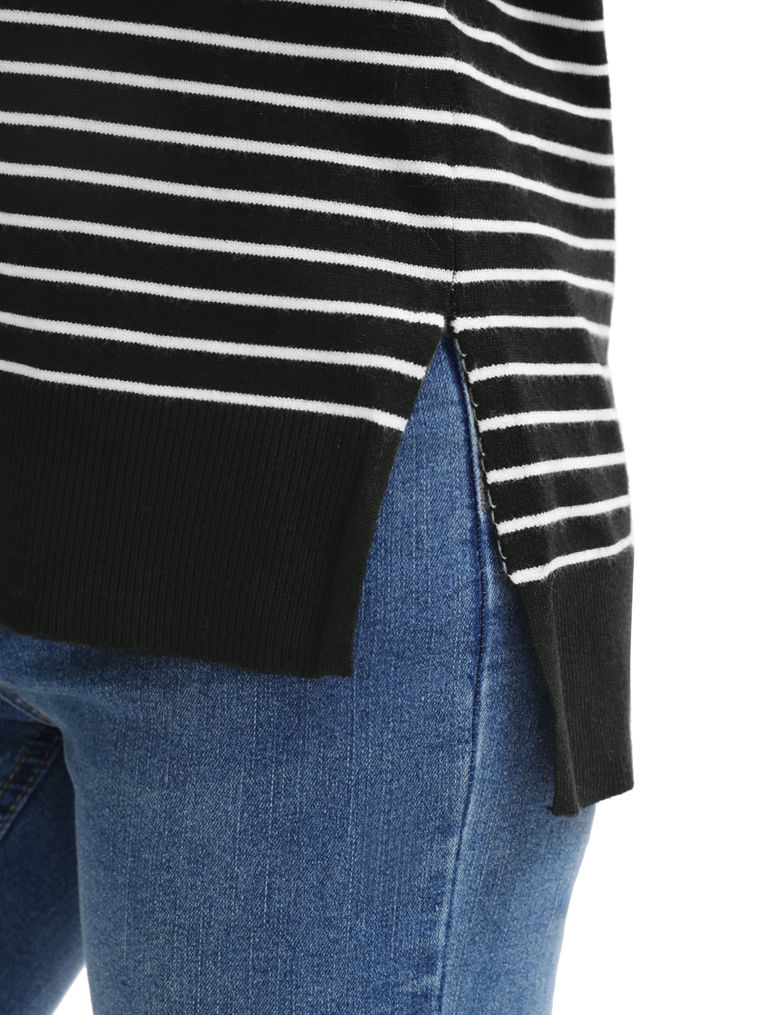 DARING DIVA Women's Striped Side Slits Long Sleeve Pullover Knit Tops L Black-white