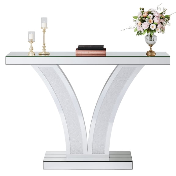 Fnova Mirrored Glam Console Table, Modern Silver Entryway Sofa Table with Crystal Diamond Inlay Frame for Living Room Hallway Foyer
