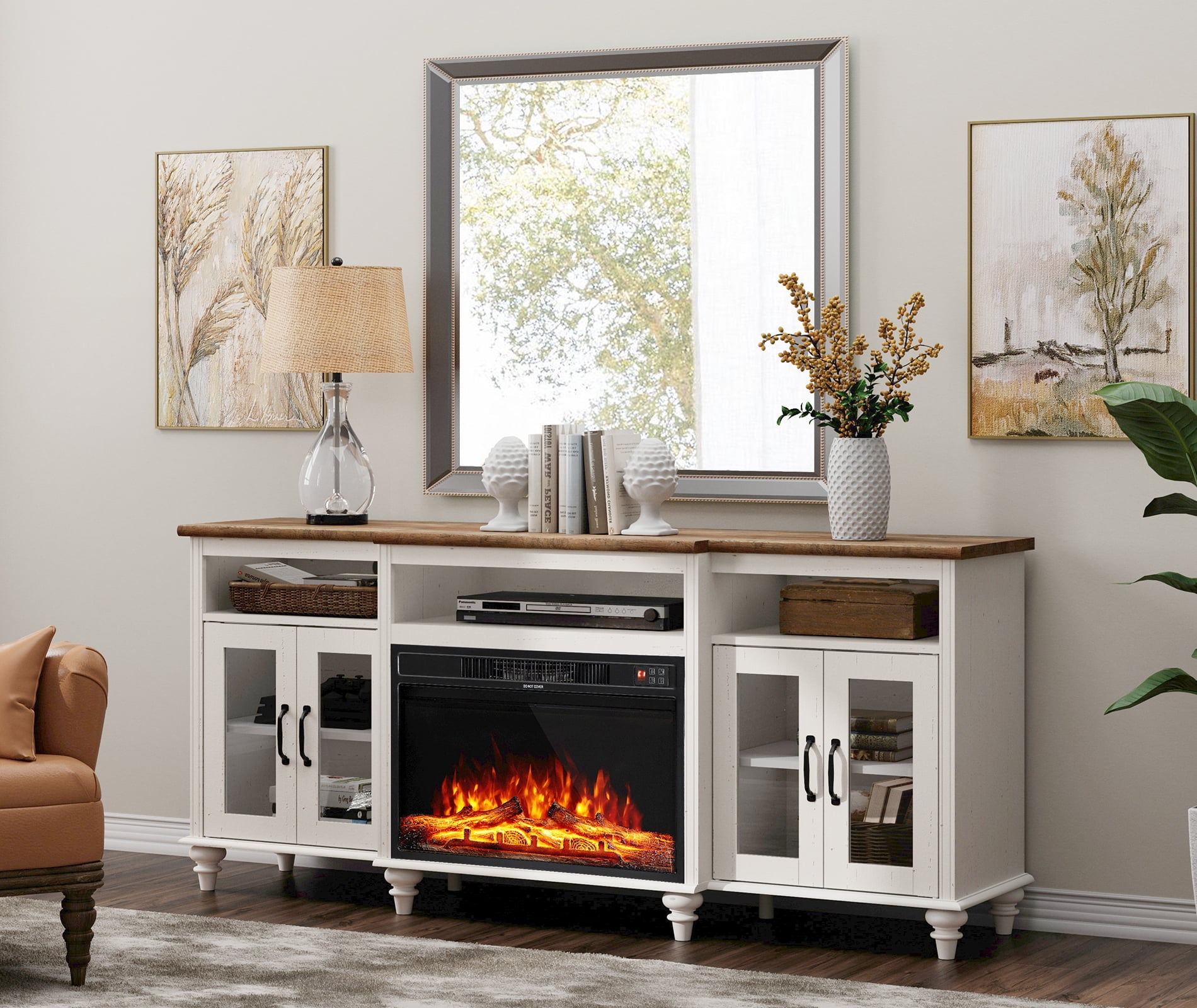 Glass Farmhouse Fireplace TV Stand for TVs up to 80”, Highboy Entertainment Center with 7 Storages, 75” Large TV Console with 26” Electric Fireplace, Antique White Sansujyuku sansujyuku.com
