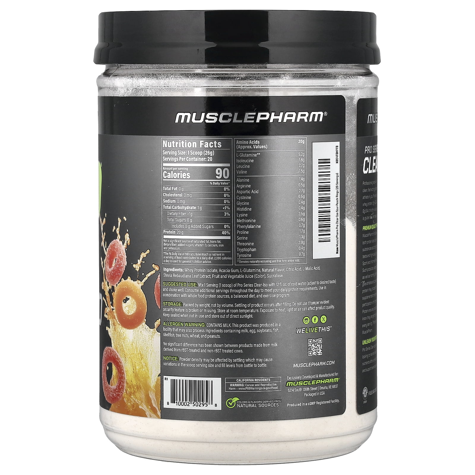 MusclePharm Pro Series Clear-ISO, Protein Powder Drink Mix, Sour Peach Rings, 1.14 lbs (520 mg)