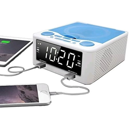 HX-300CD Top Loading CD Player, PLL FM Radio, Digital Clock, 1.2 White LED Display, Dual Alarms, Dual USB Ports for 2.1A and 1A Charging, AC/DC Adaptor Included (White_Blue)
