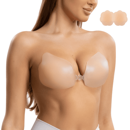 Niidor Women s Reusable Sticky Push-up Bra Backless Strapless Silicone Bra with Adhesive Nipple Covers