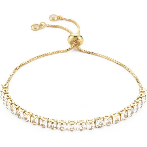 Cubic Zirconia Tennis Bracelet Real 18K golden Plated Brass Slider Bracelet for Women Nickel Free Clear 9-7/8 inch(25cm)
