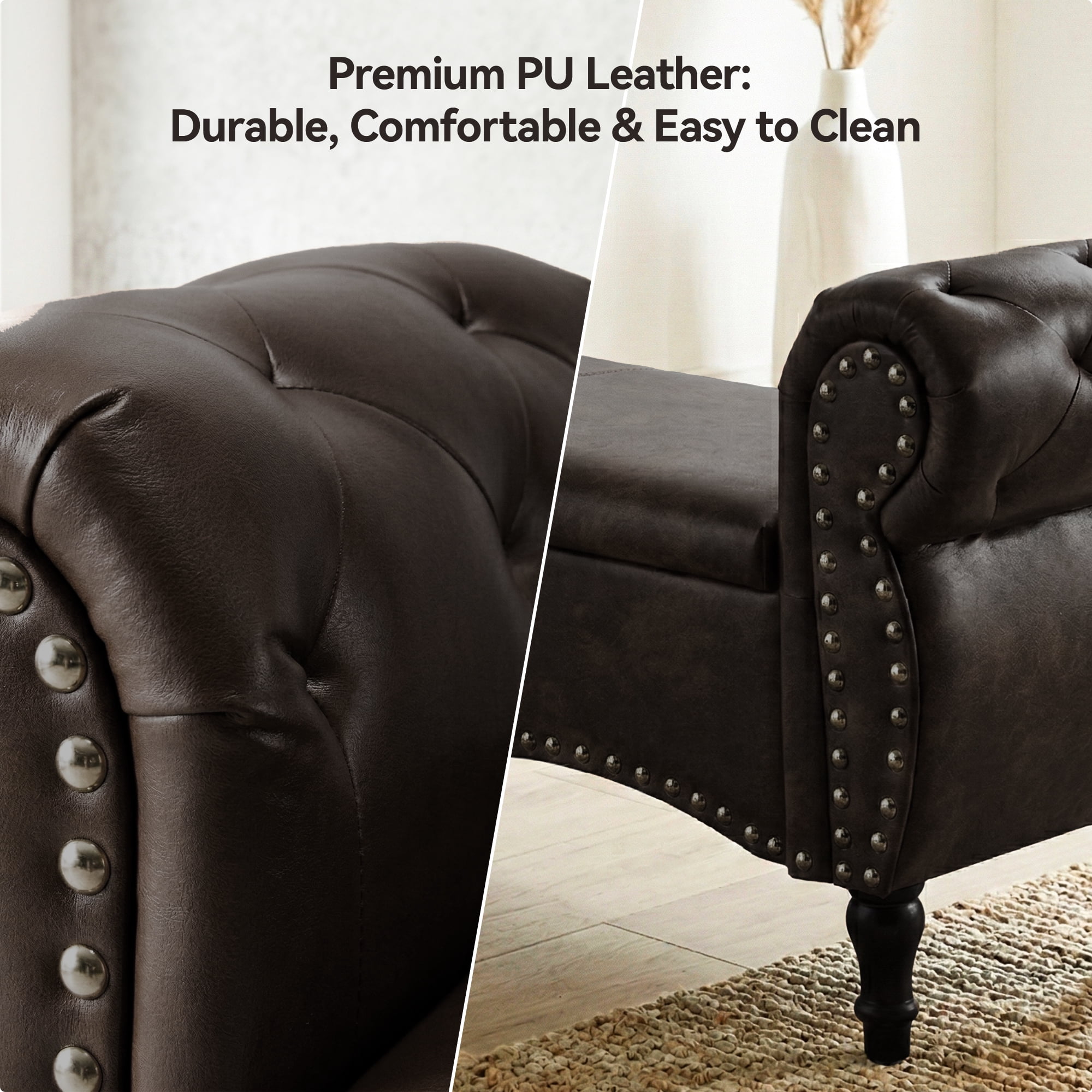 YIKEMA Upholstered PU Leather Rectangle Storage Ottoman Bench with Nailhead Trim, 51.5", Dark Brown