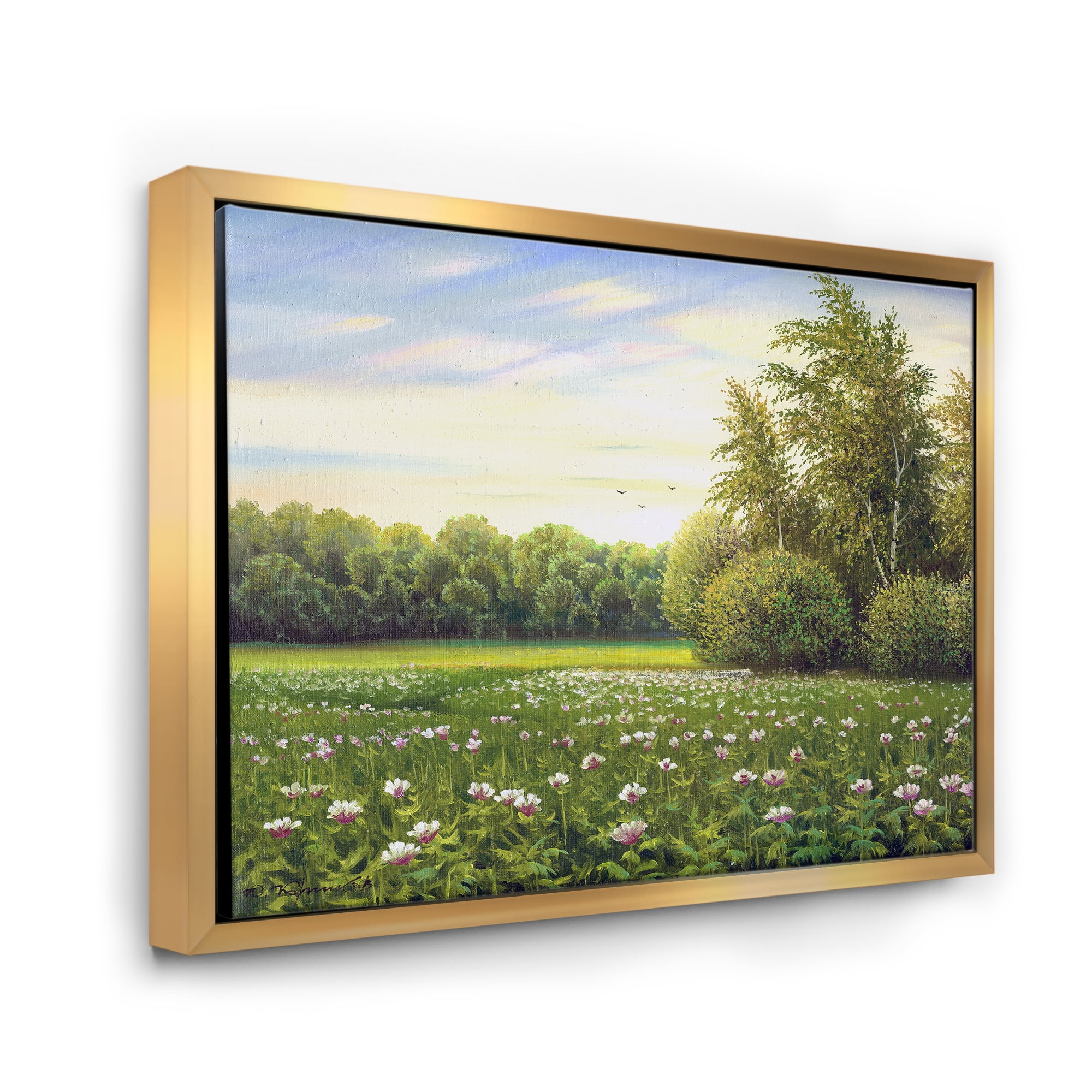 Spring Trees By The Flowers and Meadows 40 in x 30 in Framed Photography Canvas Art Print, by Designart