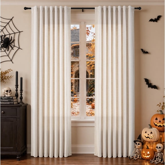 TURCURNO Natural Beige Semi Sheer Linen Curtains, Light Filtering Back Tab Drapes, Privacy Burlap Drapes for Living Room Bedroom, 84 Inch, 2 Panels